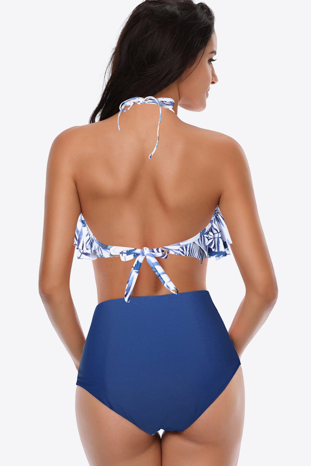 Two-Tone Ruffled Halter Neck Two-Piece Swimsuit - Runway Frenzy 