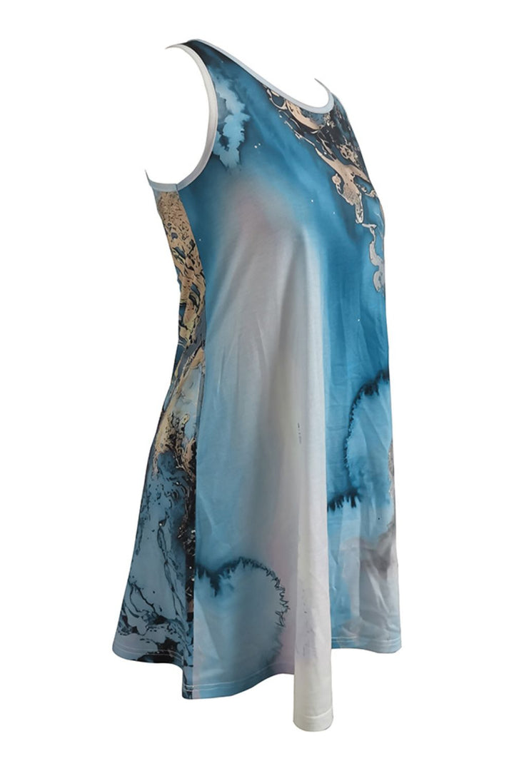 Abstract Print Round Neck Sleeveless Dress with Pockets - Runway Frenzy