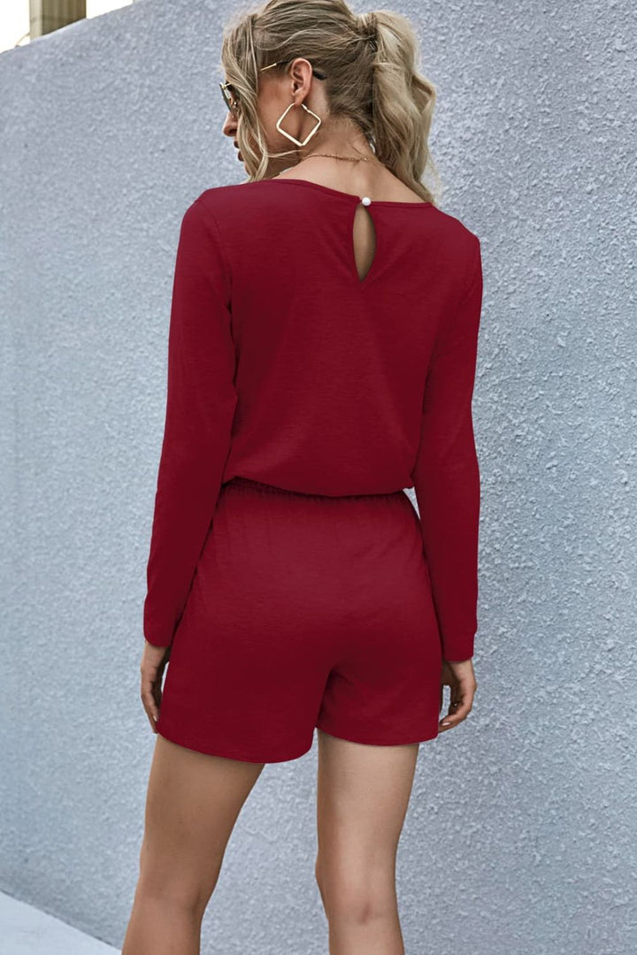 Drawstring Waist Long Sleeve Romper - Runway Frenzy