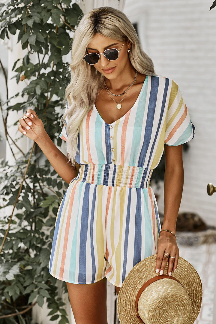 Multicolored Stripe V-Neck Smocked Waist Romper - Runway Frenzy 