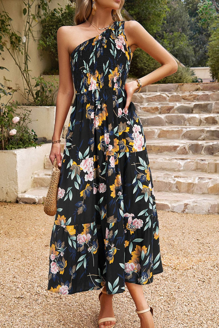 Floral One-Shoulder Sleeveless Dress with Pockets - Runway Frenzy