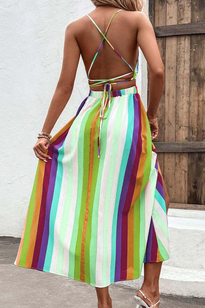 Multicolored Stripe Crisscross Backless Dress - Runway Frenzy 