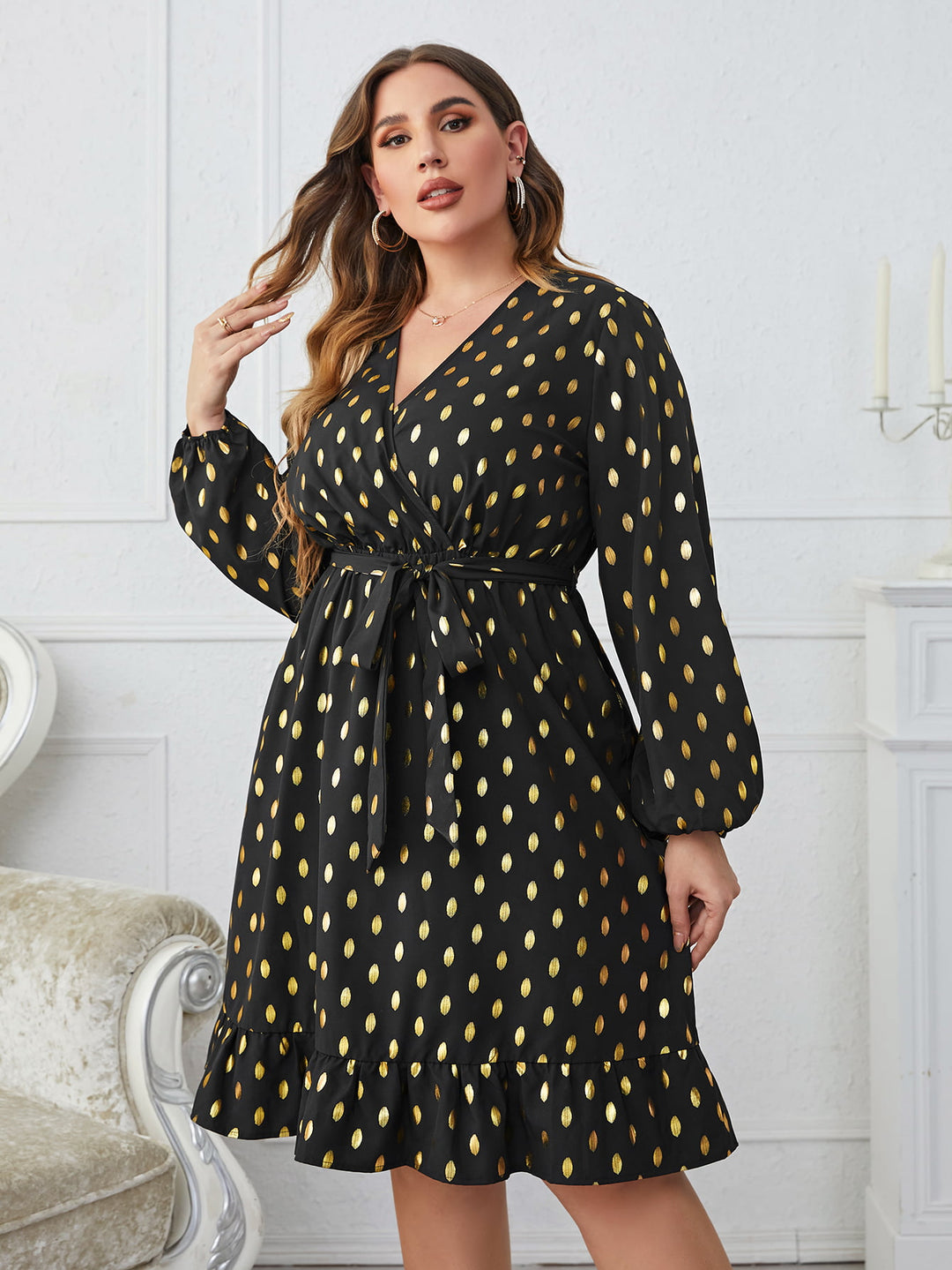 Plus Size Printed Surplice Neck Knee-Length Dress - Runway Frenzy 