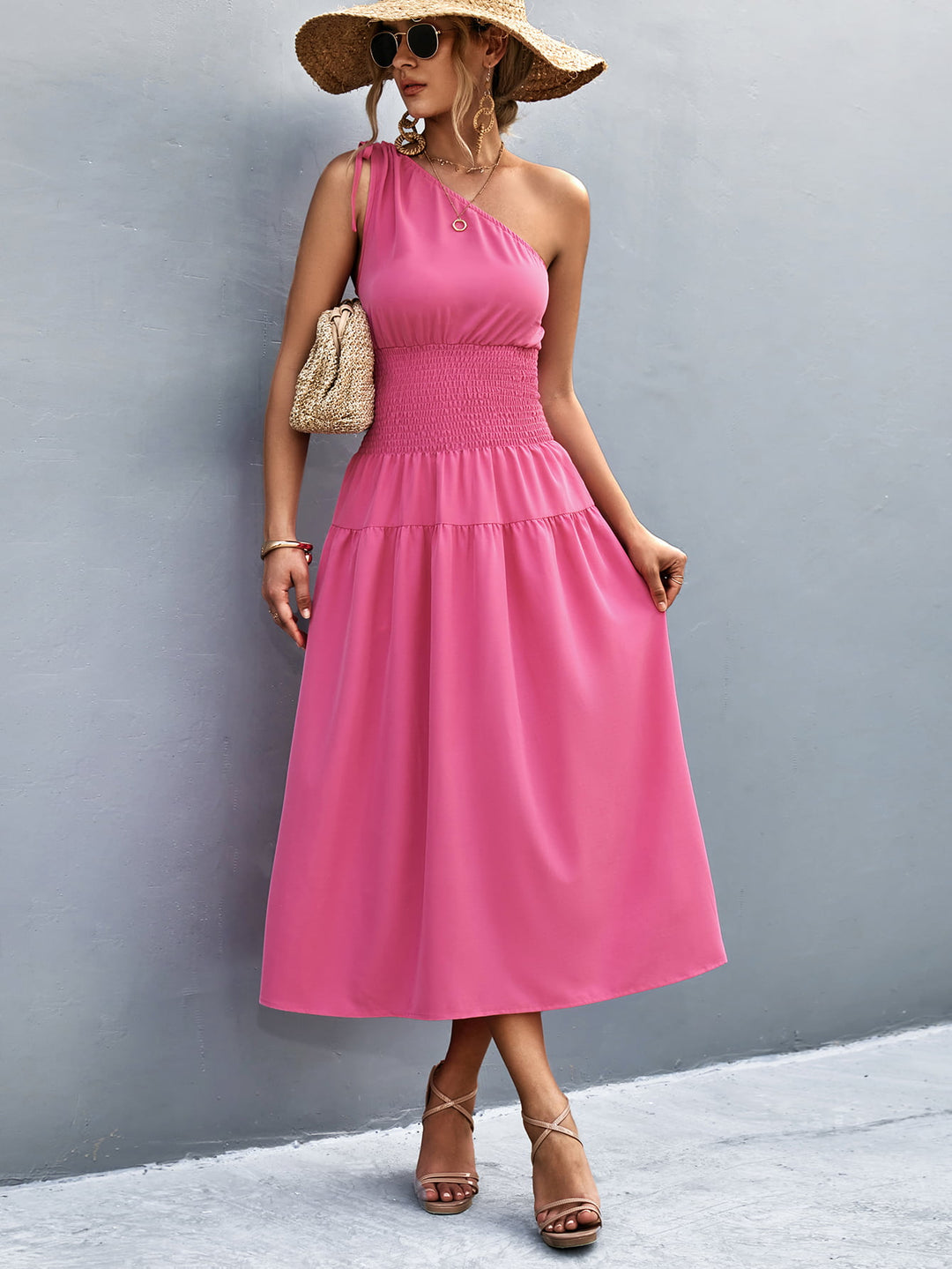 Asymmetrical One Shoulder Smocked Waist Midi Dress - Runway Frenzy