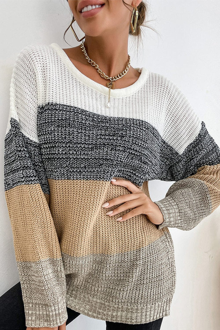 Striped Round Neck Long Sleeve Sweater - Runway Frenzy 
