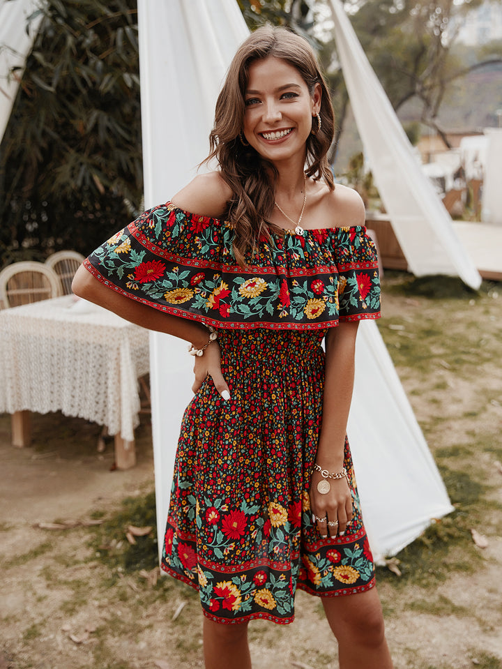 Bohemian Print Off-Shoulder Strapless Knee Length Dress - Runway Frenzy