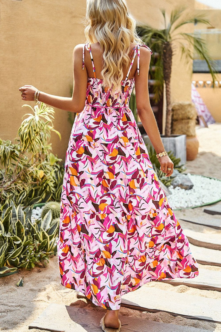 Printed Tie-Shoulder Smocked Maxi Dress - Runway Frenzy