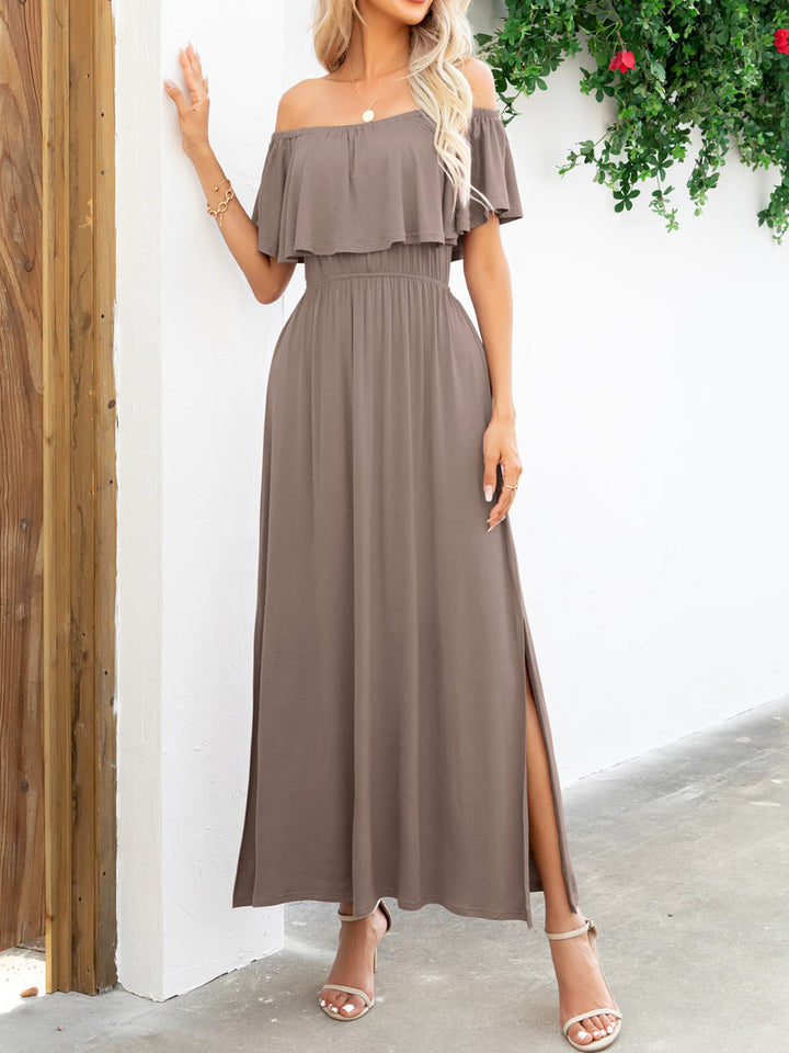 Off-Shoulder Slit Maxi Dress - Runway Frenzy 