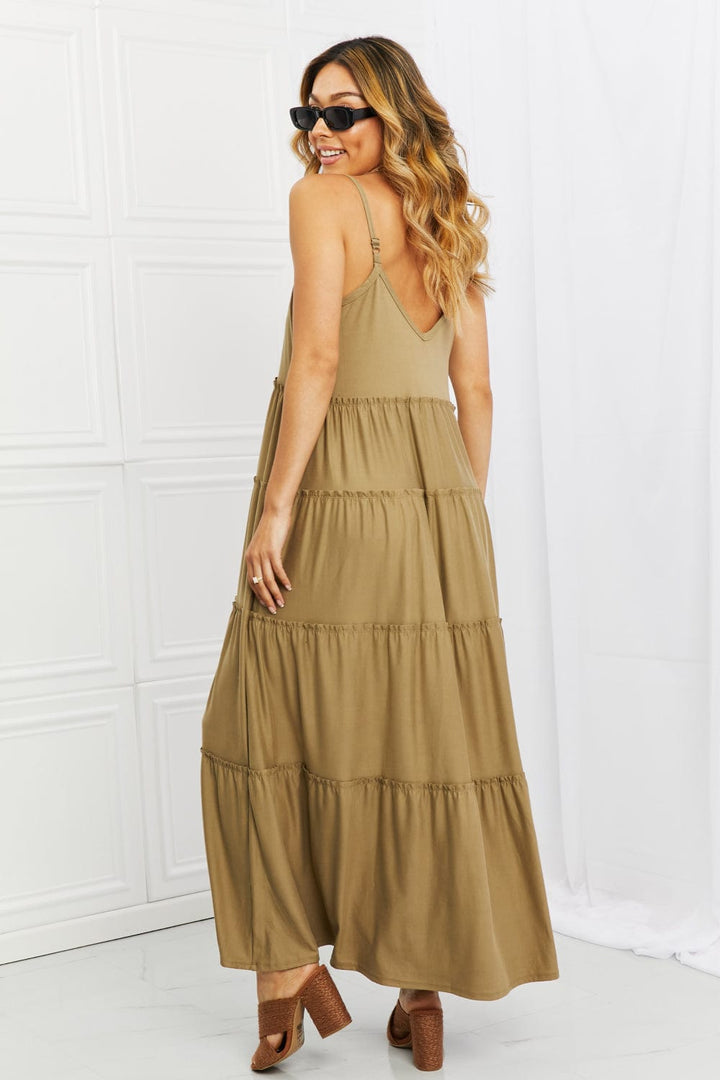 Zenana Full Size Spaghetti Strap Tiered Dress with Pockets in Khaki - Runway Frenzy 