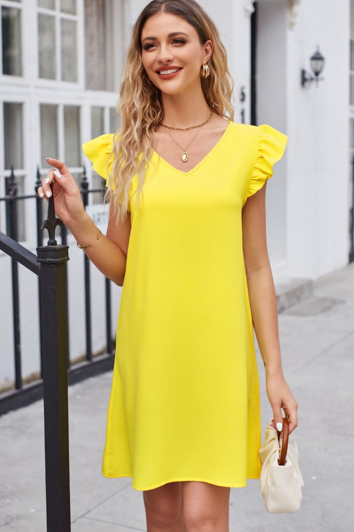 Ruffled V-Neck Flutter Sleeve Dress - Runway Frenzy 