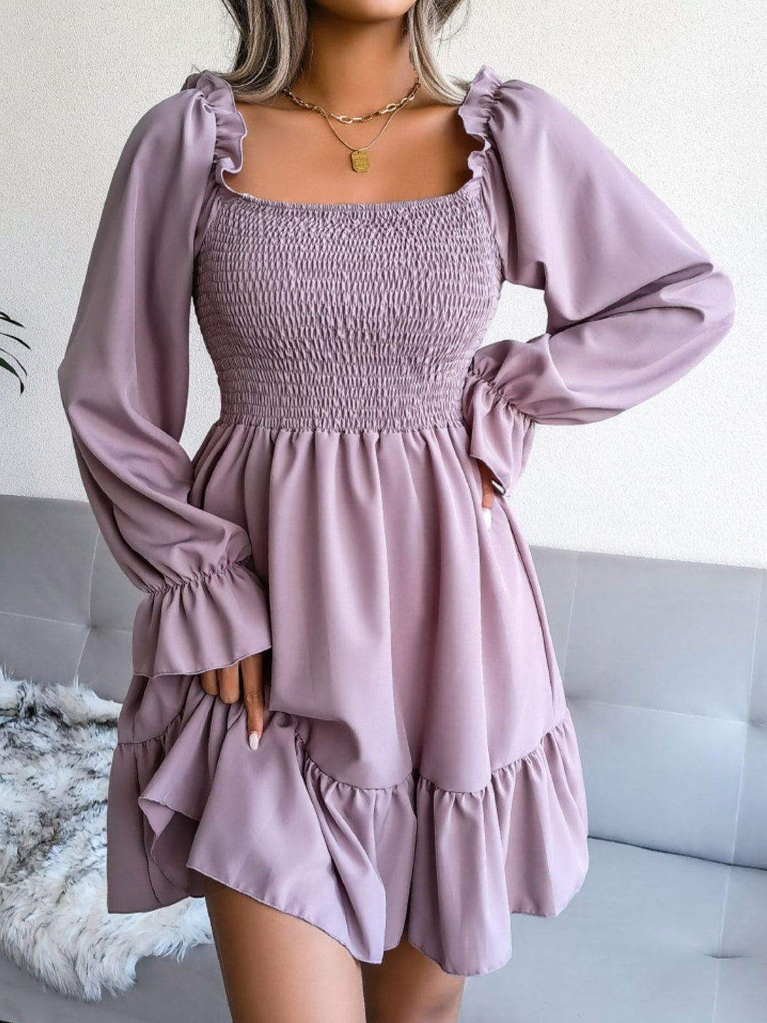 Smocked Flounce Sleeve Square Neck Dress - Runway Frenzy 