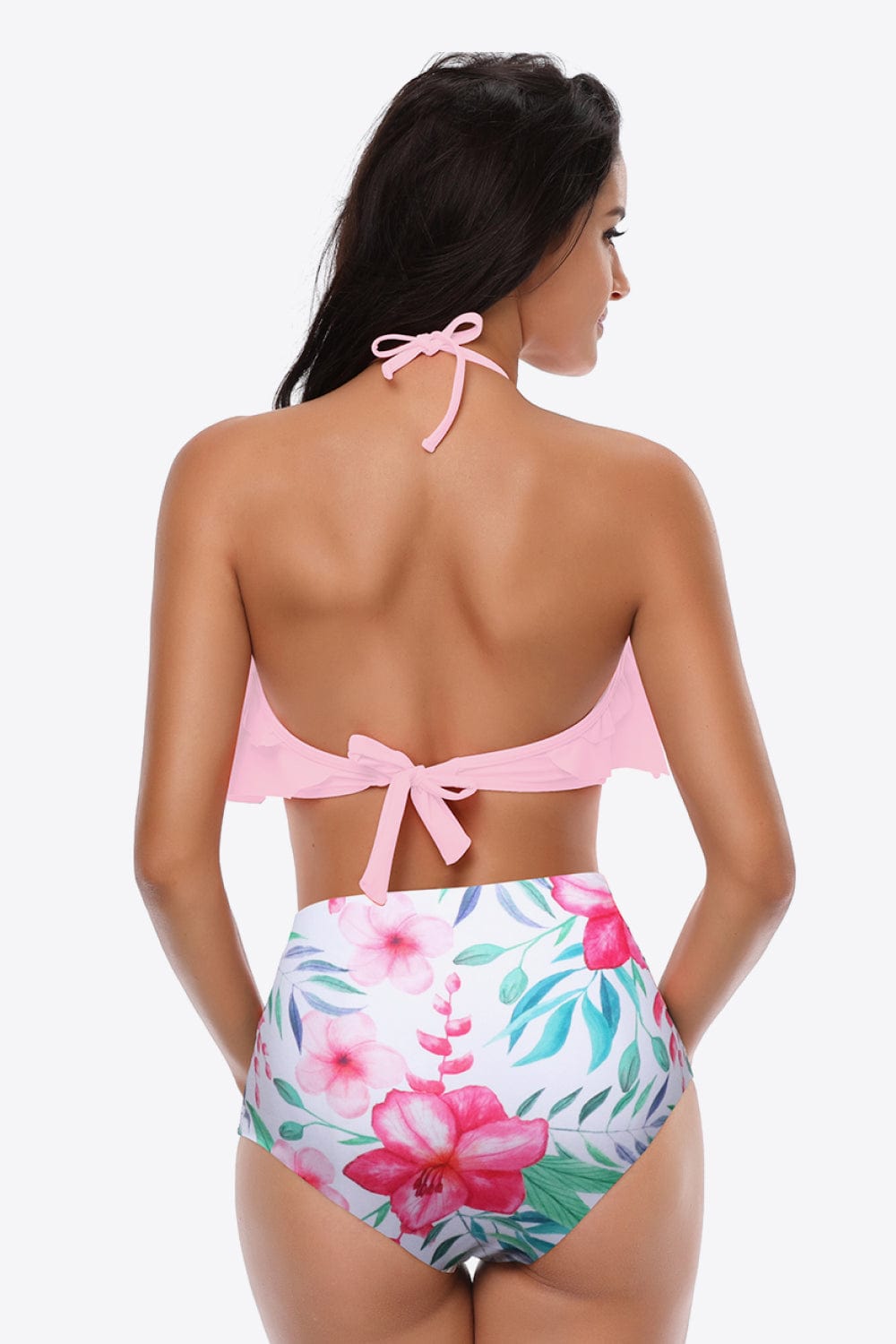 Two-Tone Ruffled Halter Neck Two-Piece Swimsuit - Runway Frenzy 