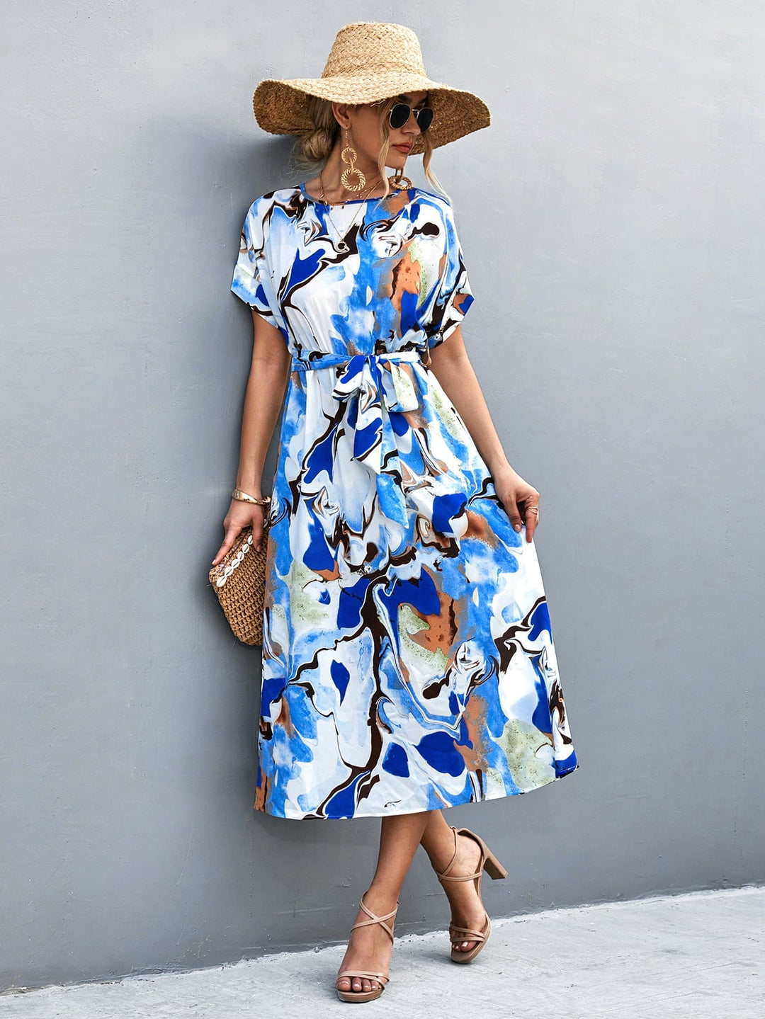 Round Neck Short Sleeve Tie Waist Midi Dress - Runway Frenzy 