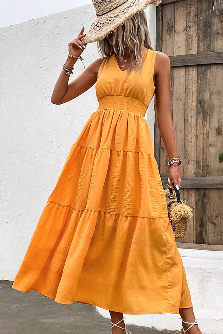 V-Neck Smocked Waist Sleeveless Tiered Dress - Runway Frenzy 