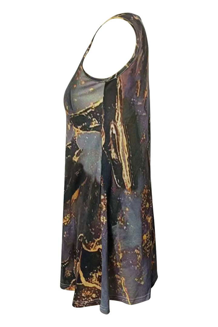 Abstract Print Round Neck Sleeveless Dress with Pockets - Runway Frenzy