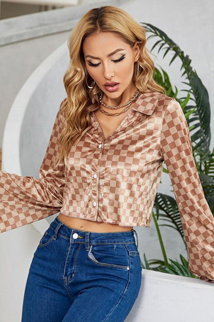 Checkered Johnny Collar Flare Sleeve Cropped Shirt - Runway Frenzy
