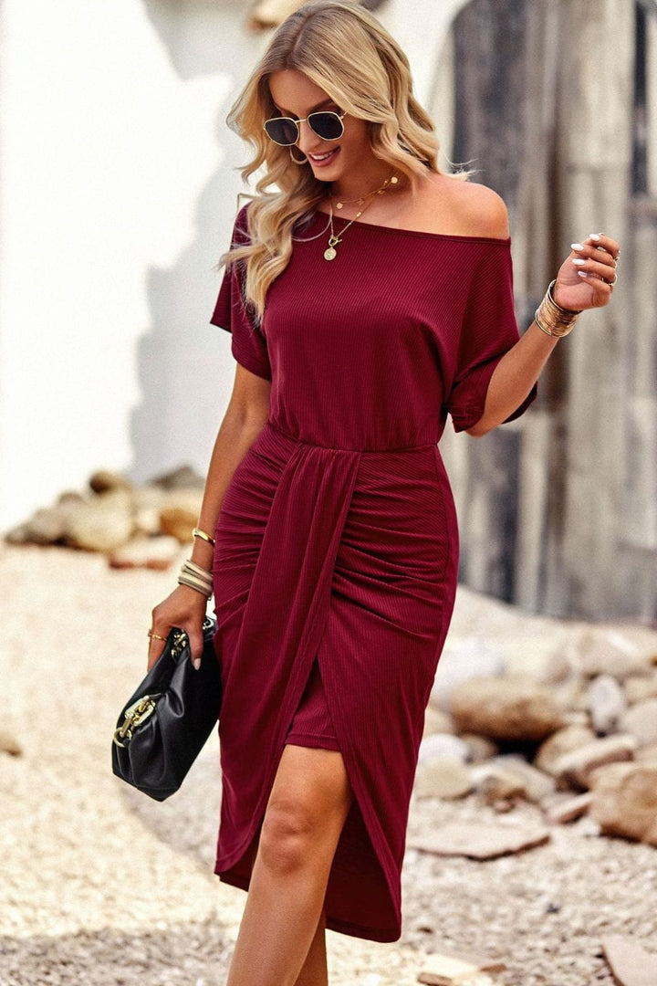 Ribbed Off-Shoulder Tulip Hem Dress - Runway Frenzy 