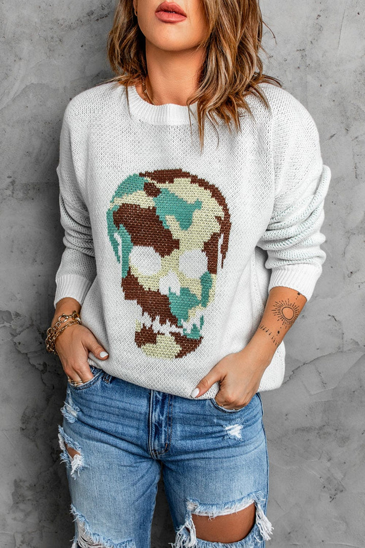 Skull Graphic Drop Shoulder Sweater - Runway Frenzy 