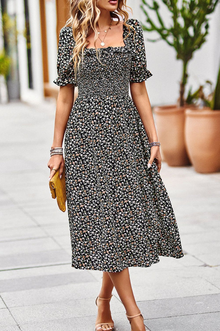 Floral Ruffled Square Neck Dress with Pockets - Runway Frenzy