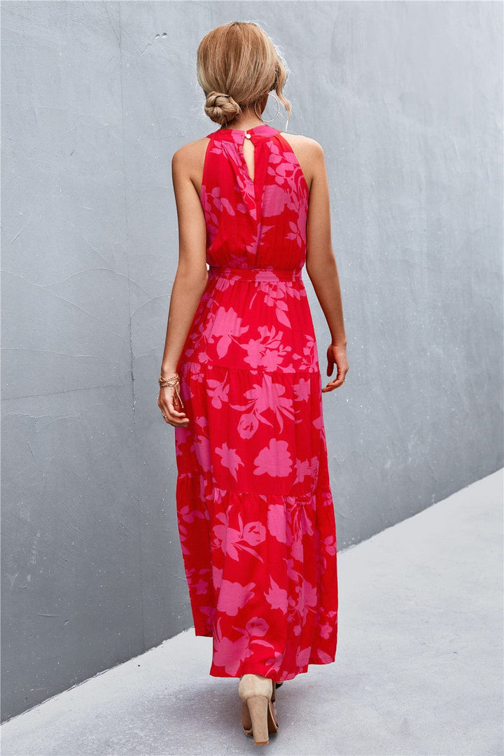 Printed Sleeveless Tie Waist Maxi Dress - Runway Frenzy 