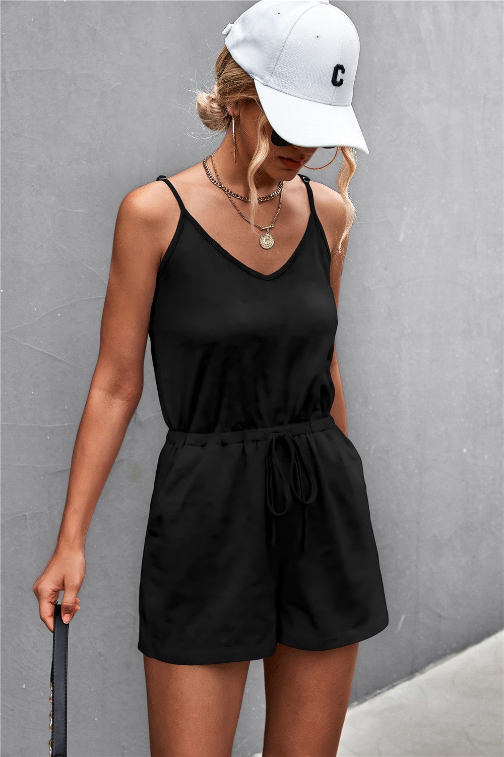 Spaghetti Strap V-Neck Pocket Romper - Runway Frenzy 