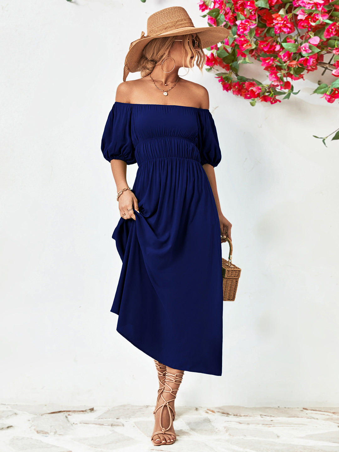 Off-Shoulder Balloon Sleeve Midi Dress - Runway Frenzy 