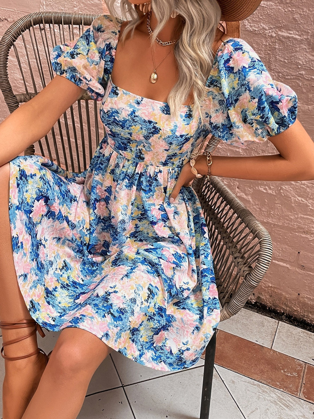 Floral Square Neck Puff Sleeve Dress - Runway Frenzy