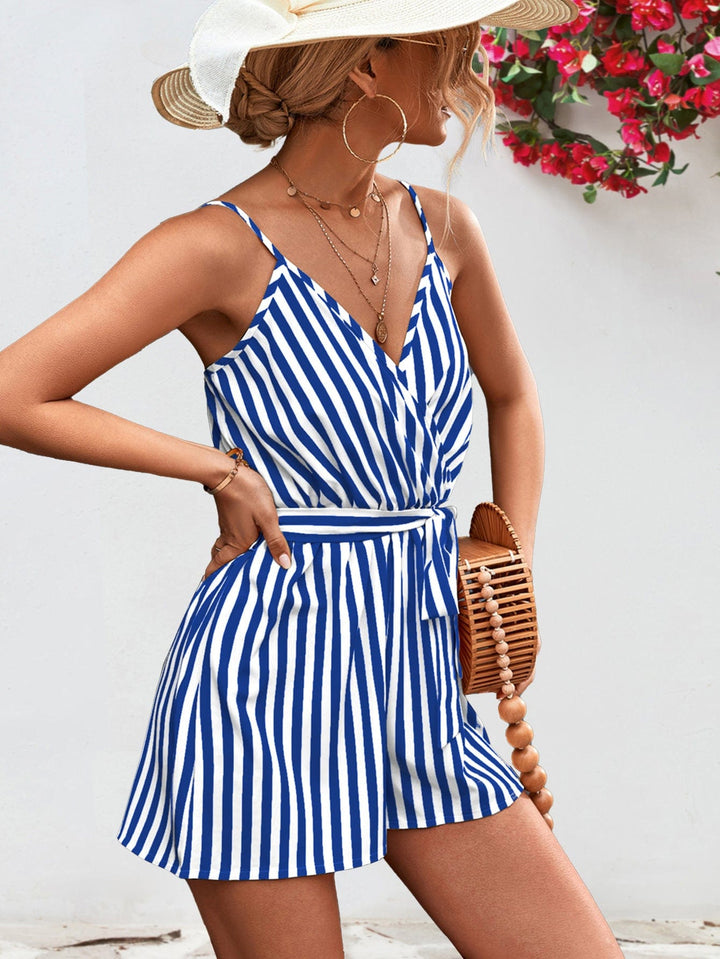 Striped Tie Waist Spaghetti Strap Romper - Runway Frenzy 