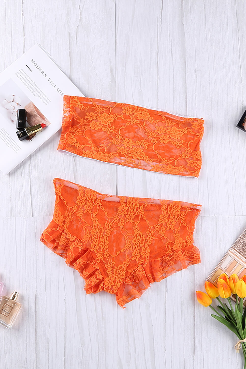 Lace Tube Top and Frill Trim Panty Lingerie Set - Runway Frenzy 