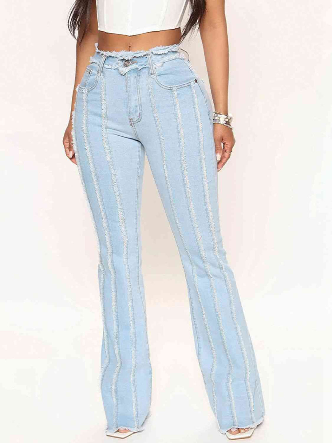 Striped Raw Hem Jeans Trendsi
