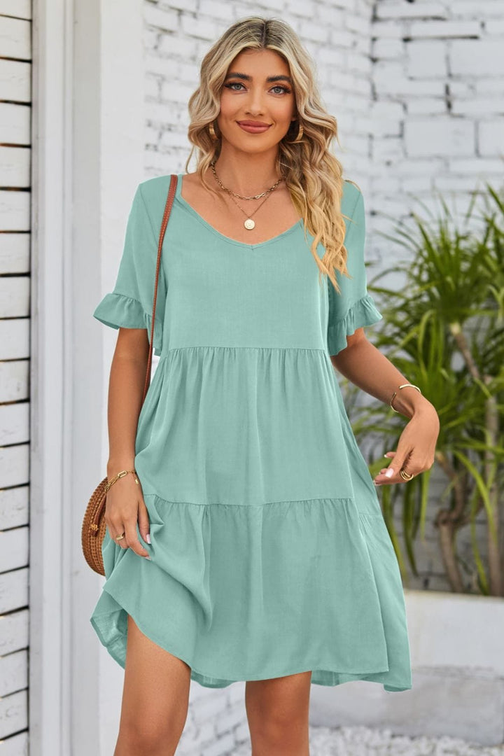 V-Neck Flounce Sleeve Tiered Dress - Runway Frenzy 