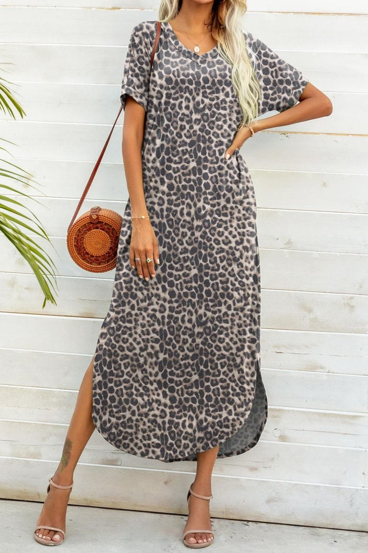 Printed V-Neck Curved Hem Dress - Runway Frenzy