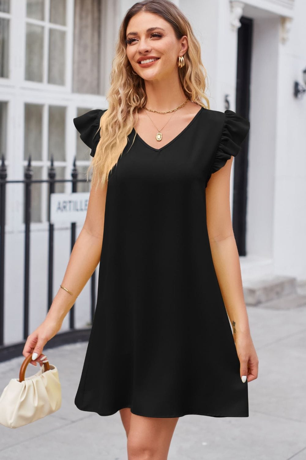 Ruffled V-Neck Flutter Sleeve Dress - Runway Frenzy 