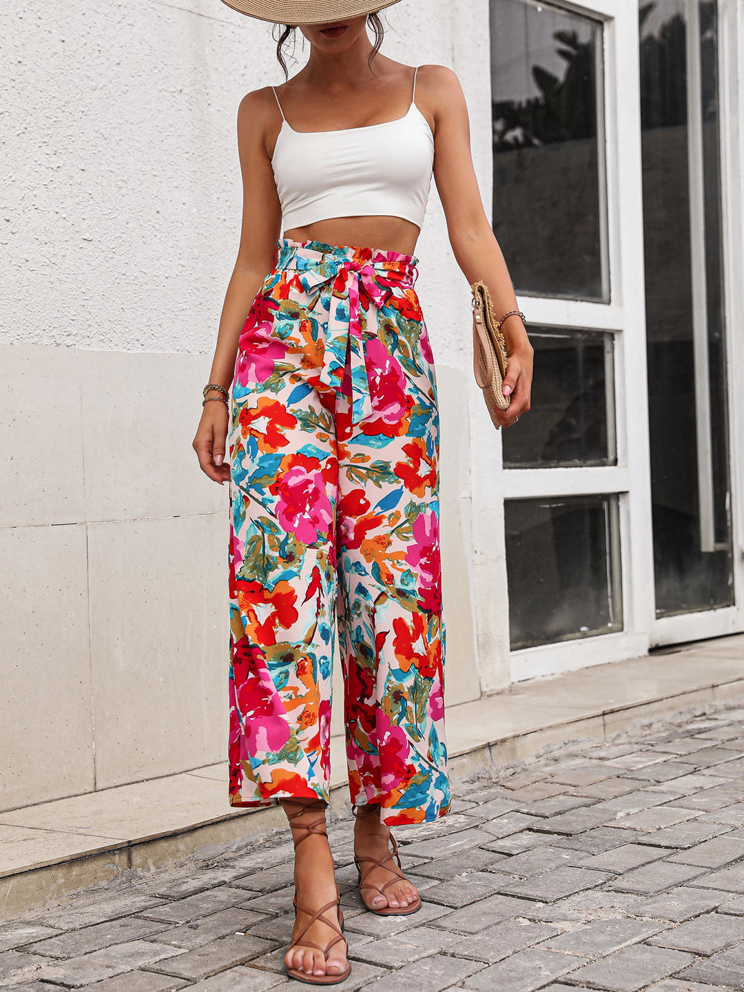 Floral Tie Belt Wide Leg Pants - Runway Frenzy