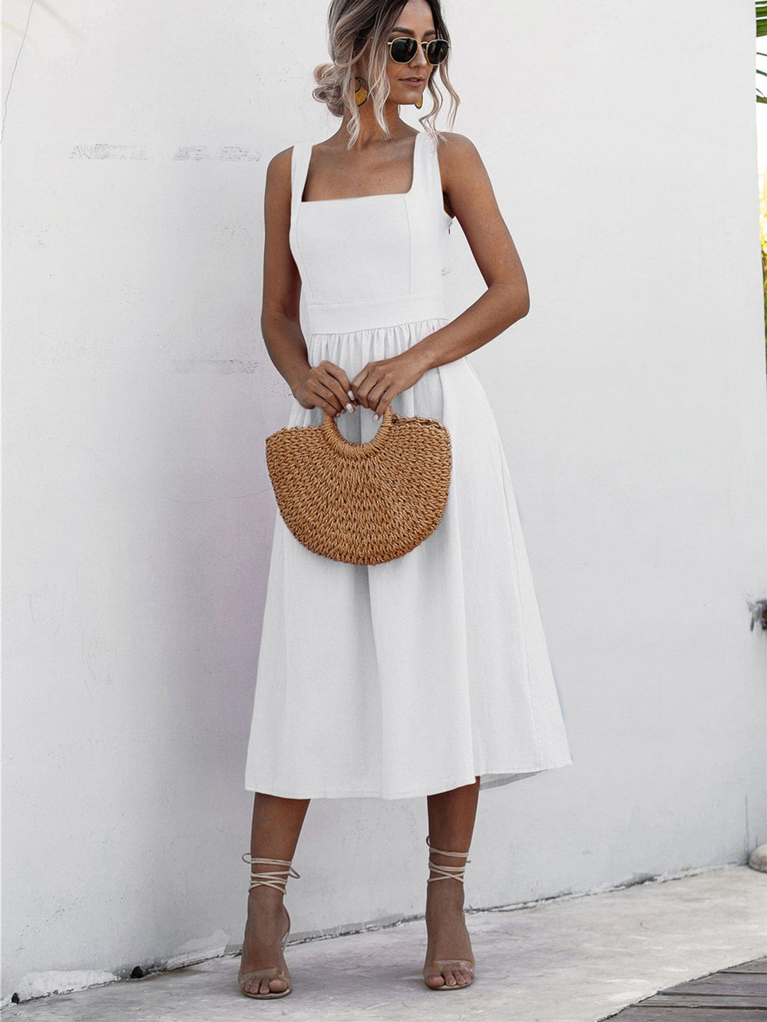 Square Neck Sleeveless Smocked Midi Dress - Runway Frenzy 