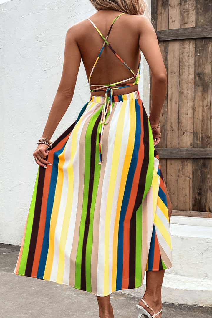 Multicolored Stripe Crisscross Backless Dress - Runway Frenzy 