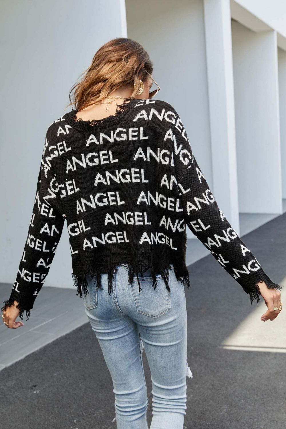 ANGEL Distressed V-Neck Dropped Shoulder Sweater - Runway Frenzy