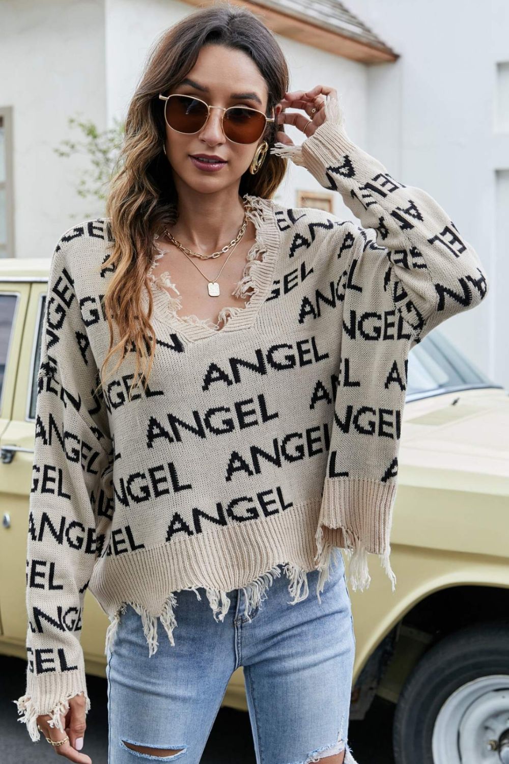 ANGEL Distressed V-Neck Dropped Shoulder Sweater - Runway Frenzy