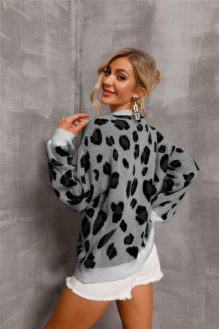 Animal Print Dropped Shoulder Knit Pullover - Runway Frenzy
