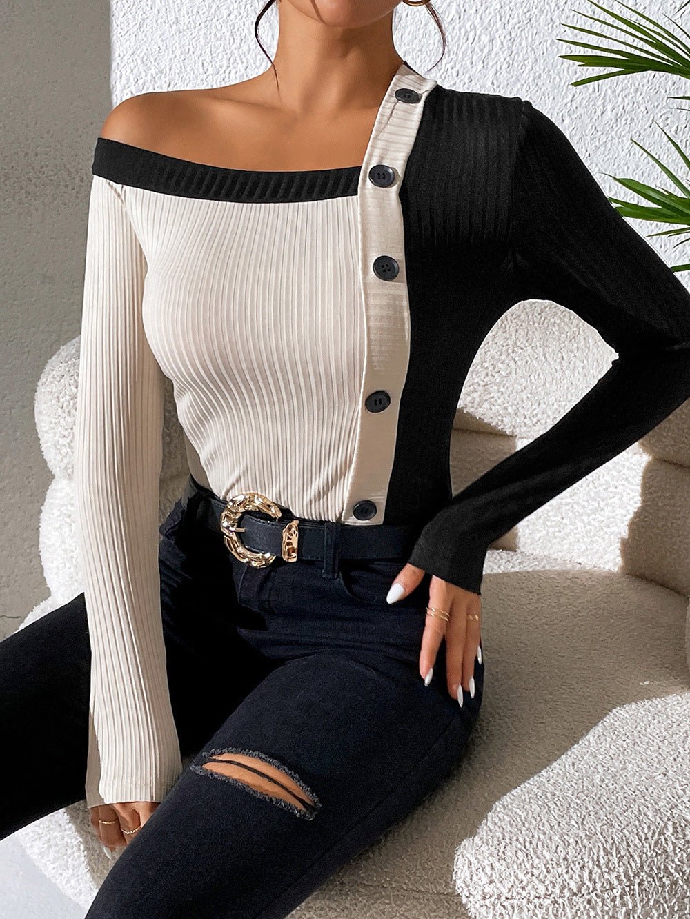 Asymmetrical One Shoulder Contrast Color Buttoned Blouse - Runway Frenzy