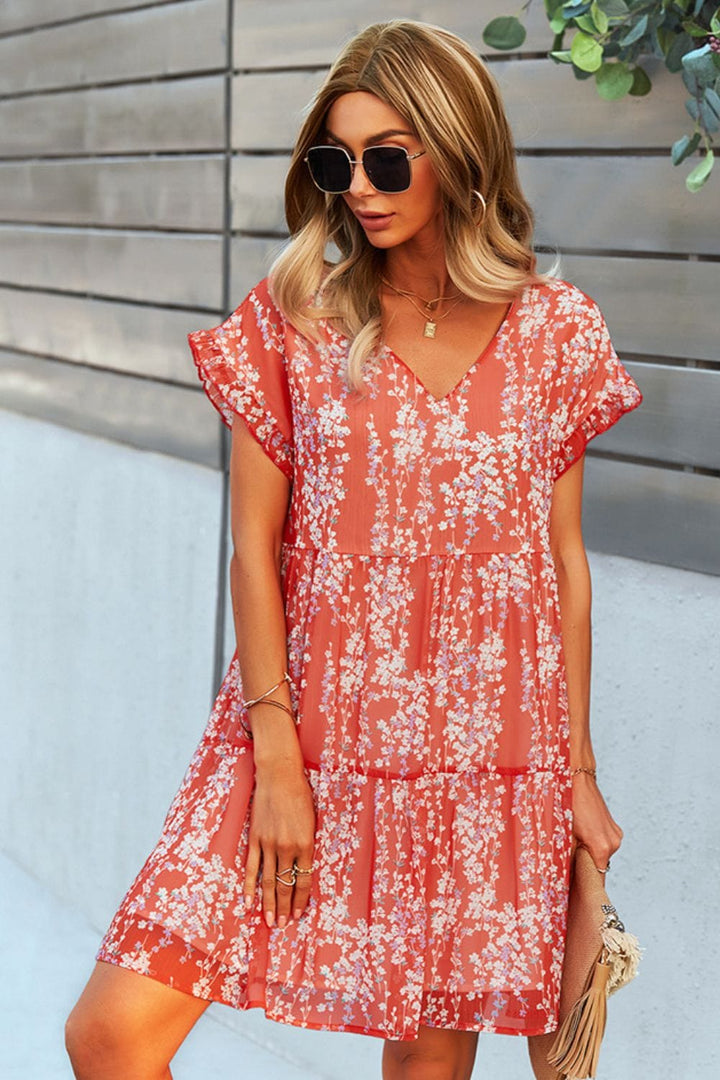 Printed V-Neck Short Sleeve Tiered Dress - Runway Frenzy