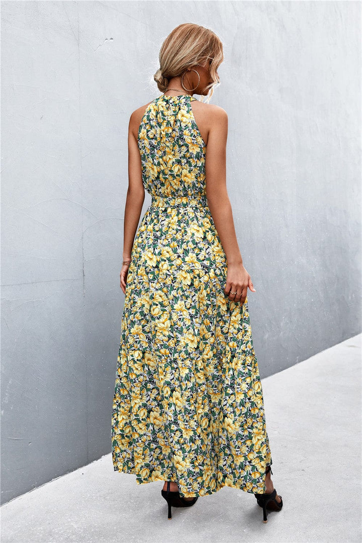 Printed Sleeveless Tie Waist Maxi Dress - Runway Frenzy 