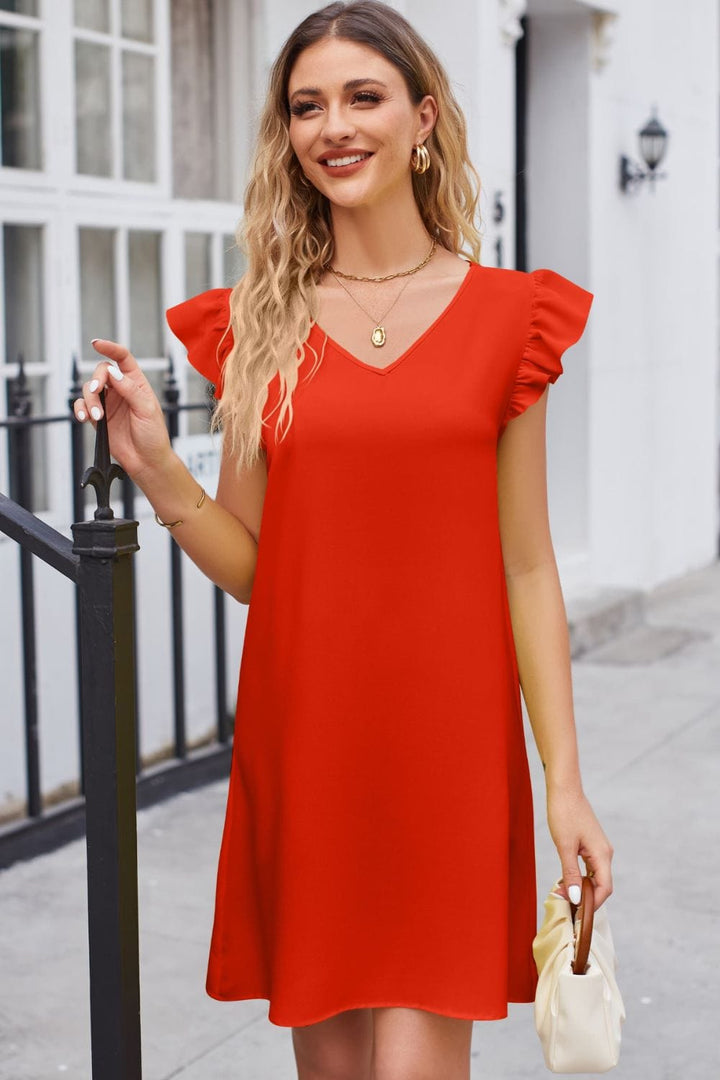 Ruffled V-Neck Flutter Sleeve Dress - Runway Frenzy 