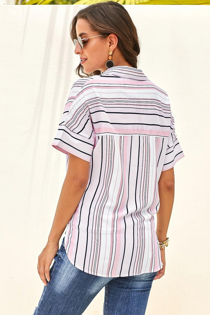 Striped Collared Neck Button-down Pocketed Top - Runway Frenzy 