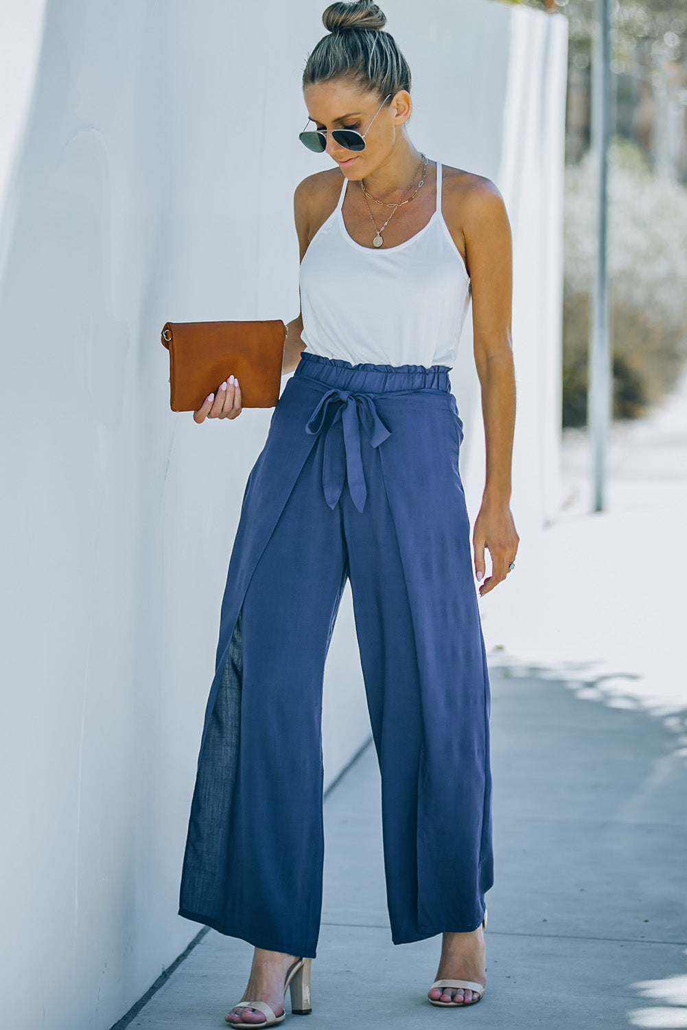 Paperbag Waist Tie Front Wide Leg Pants - Runway Frenzy 