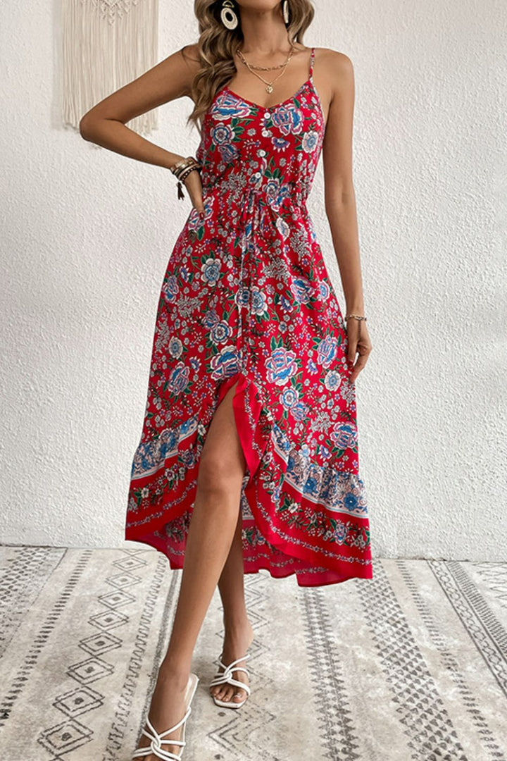 Bohemian Decorative Button Spaghetti Strap Dress - Runway Frenzy