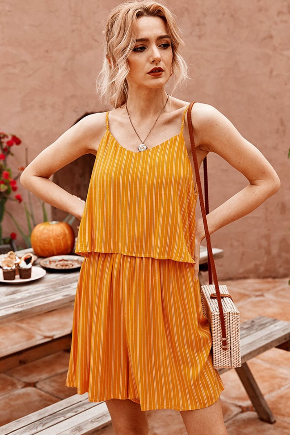 Striped Spaghetti Strap V-Neck Romper - Runway Frenzy 