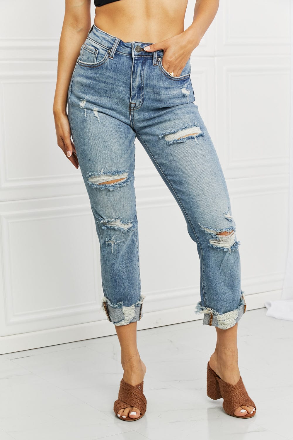 RISEN Full Size Leilani Distressed Straight Leg Jeans - Runway Frenzy 