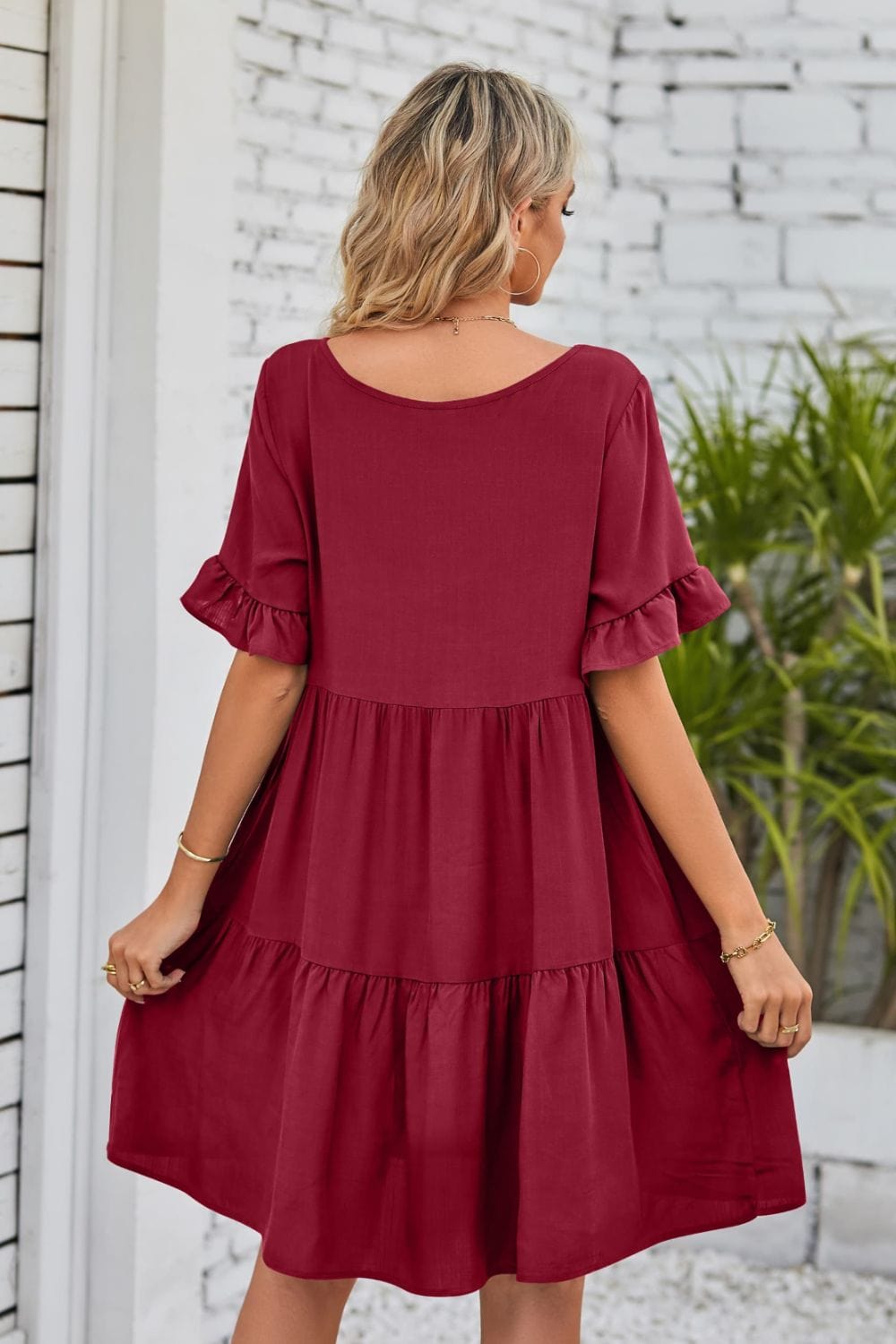 V-Neck Flounce Sleeve Tiered Dress - Runway Frenzy 