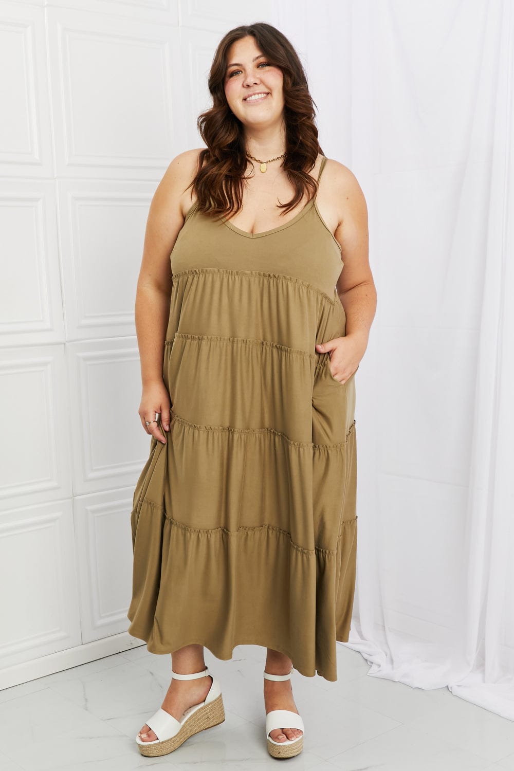 Zenana Full Size Spaghetti Strap Tiered Dress with Pockets in Khaki - Runway Frenzy 